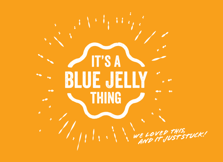 Yellow background iconography with wording 'It's a Blue Jelly Thing'