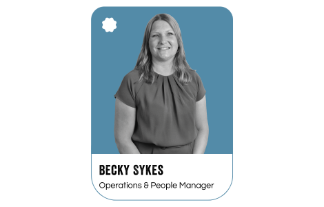 Photo on a blue background of Becky Sykes, Operations and People Manager at Blue Jelly